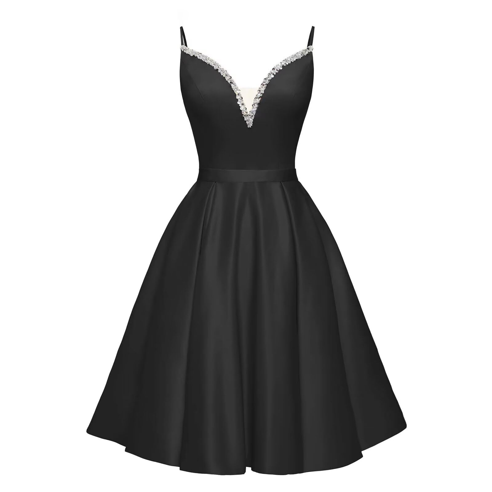 Spaghetti Straps Satin Homecoming Dresses for Teens V-Neck Short Prom Dress A-Line Beaded Cocktail Party Gowns