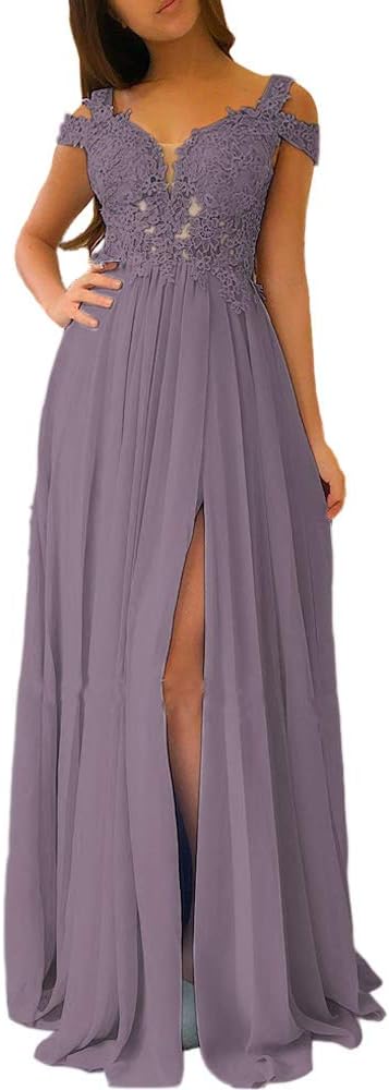 Women's Lace Appliques Prom Dresses Long with Slit Cold Shoulder Formal Party Gown