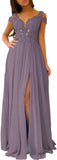 Women's Lace Appliques Prom Dresses Long with Slit Cold Shoulder Formal Party Gown