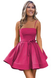 Women’s Short Satin Spaghetti Straps Formal Homecoming Dresses A Line Corset Puffy Prom Gown with Pockets for Teens