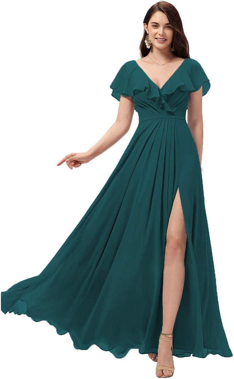 Vestidos de dama de honor largos con escote en V y volantes de gasa para mujer, vestidos de noche formales