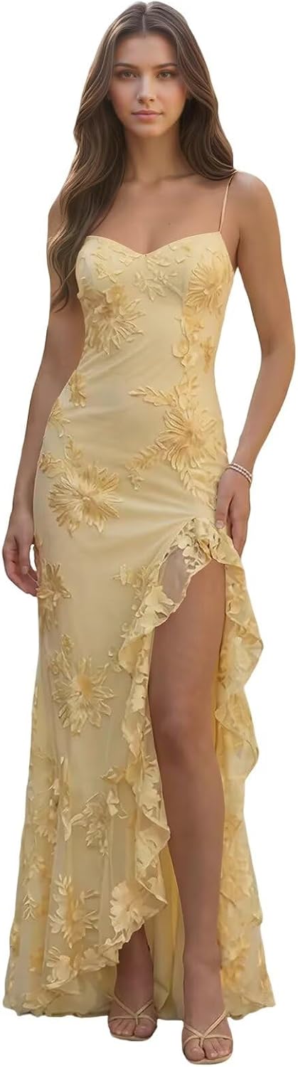 Spaghetti Straps Floral Embroidery Mermaid Prom Dress 2026 Long Corset Formal Evening Gowns with Ruffle Slit