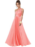 One Shoulder Bridesmaid Dresses for Women Chiffon A Line Pleated Long Formal Gowns with Pockets