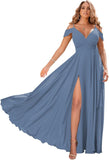 Schulterfreie Brautjungfernkleider 2025 für Frauen, langes Chiffon-Abendkleid mit V-Ausschnitt und Schlitz
