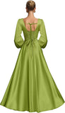 Satin Bridesmaid Dresses with Slit Long Sleeve Square Neck A Line Maxi Formal Dress
