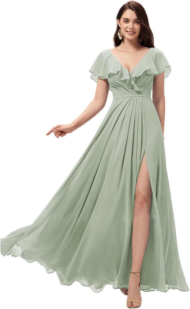 Vestidos de dama de honor largos con escote en V y volantes de gasa para mujer, vestidos de noche formales