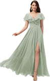 Vestidos de dama de honor largos con escote en V y volantes de gasa para mujer, vestidos de noche formales