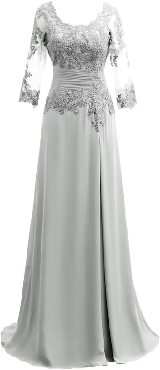 Women's Lace Appliqued Mother of The Bride Dresses 3/4 Sleeves Scoop Long Formal Evening Dress