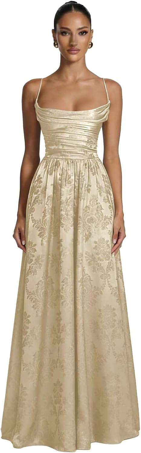 Floral Jacquard Prom Dresses for Women Spaghetti Straps A Line Satin Cowl Neck Formal Evening Party Dress