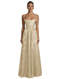 Floral Jacquard Prom Dresses for Women Spaghetti Straps A Line Satin Cowl Neck Formal Evening Party Dress