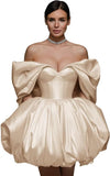 Off The Shoulder Short Wedding Dresses for Bride Puffy Satin Bridal Dresses w/Pockets Strapless Formal Ball Gowns