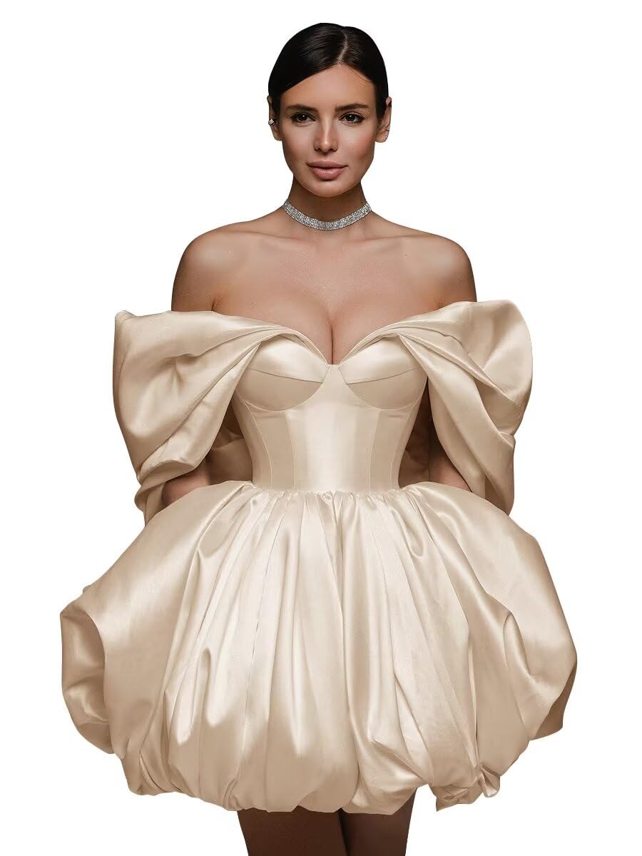Off The Shoulder Short Wedding Dresses for Bride Puffy Satin Bridal Dresses w/Pockets Strapless Formal Ball Gowns
