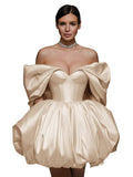 Off The Shoulder Short Wedding Dresses for Bride Puffy Satin Bridal Dresses w/Pockets Strapless Formal Ball Gowns