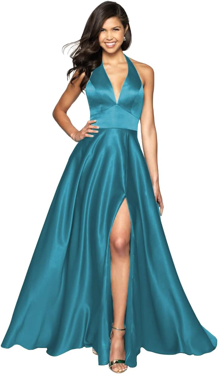 Womens Satin Prom Dresses Long with Slit Halter Evening Formal Gowns for Women with Pockets