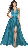 Womens Satin Prom Dresses Long with Slit Halter Evening Formal Gowns for Women with Pockets