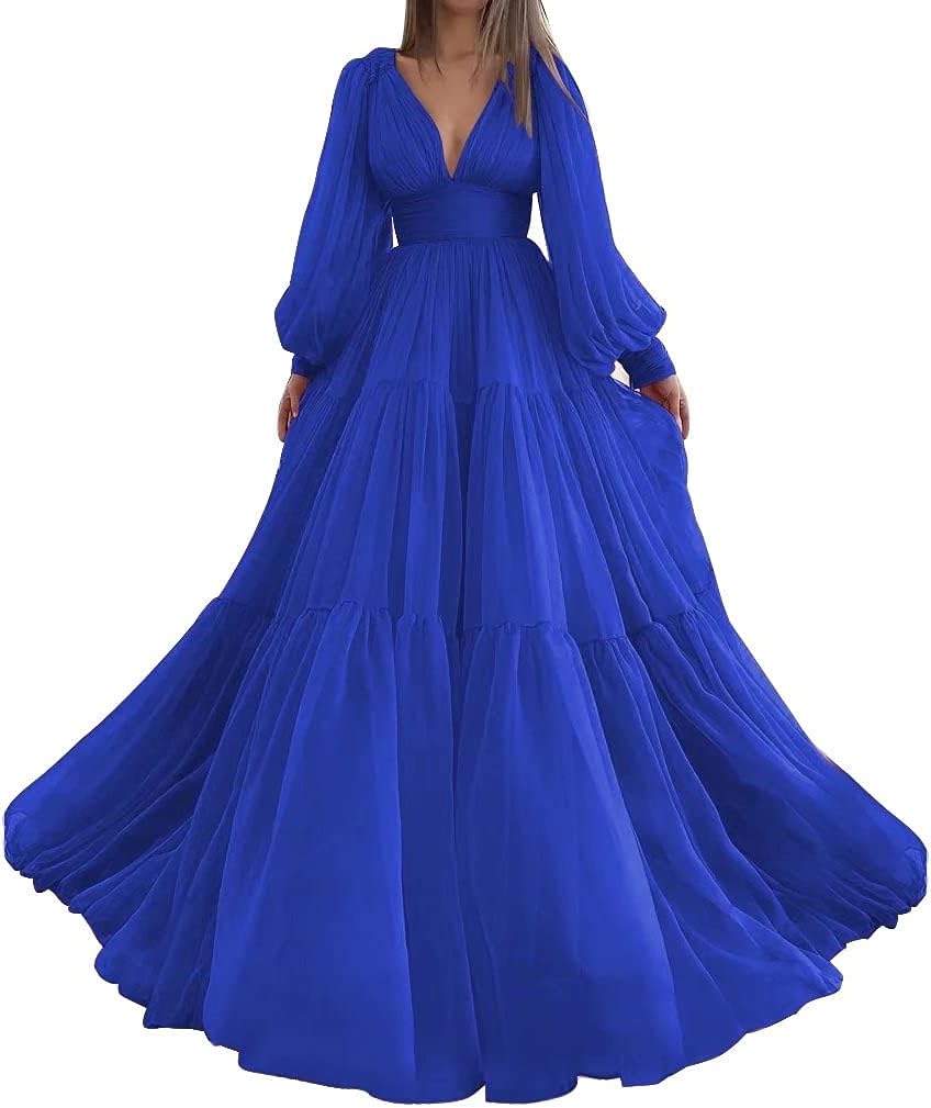 Langes Ballkleid mit Puffärmeln, Tüll, Ballkleid für Damen, Brautkleider, V-Ausschnitt, formelle Abendkleider