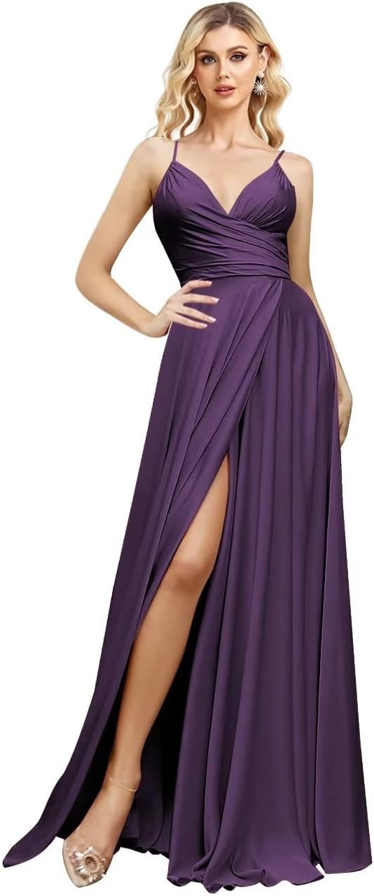 V Neck Satin Bridesmaid Dresses Spaghetti Straps Prom Dress Slit Wedding Formal Evening Party Dress