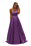 Women's Spaghetti Straps Prom Dresses Long V-Neck Sparkling Bridesmaid Dresses Formal Evening Gowns with High Slit