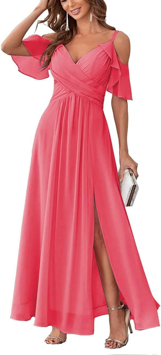 Women's Cold Shoulder Bridesmaid Dresses Long Summer Side Slit Chiffon Formal Evening Gown with Pockets