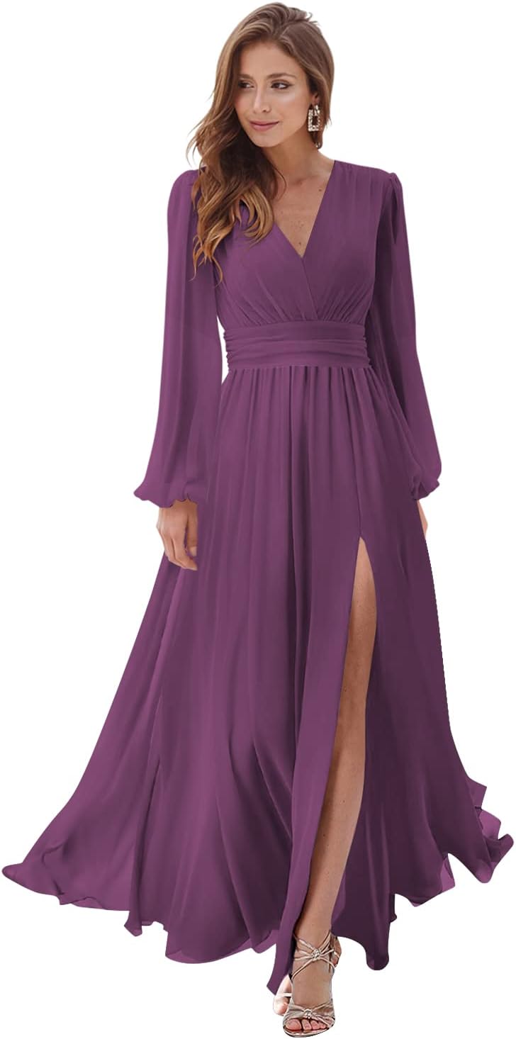 Women's Long Sleeve Bridesmaid Dresses with Slit V Neck A Line Chiffon Formal Evening Gowns with Pockets Mother of the Bride Gowns