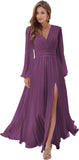 Women's Long Sleeve Bridesmaid Dresses with Slit V Neck A Line Chiffon Formal Evening Gowns with Pockets Mother of the Bride Gowns