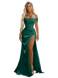Off Shoulder Mermaid Prom Dresses with Slit 2027 Long Satin Pleated Formal Dress for Women Evening Party