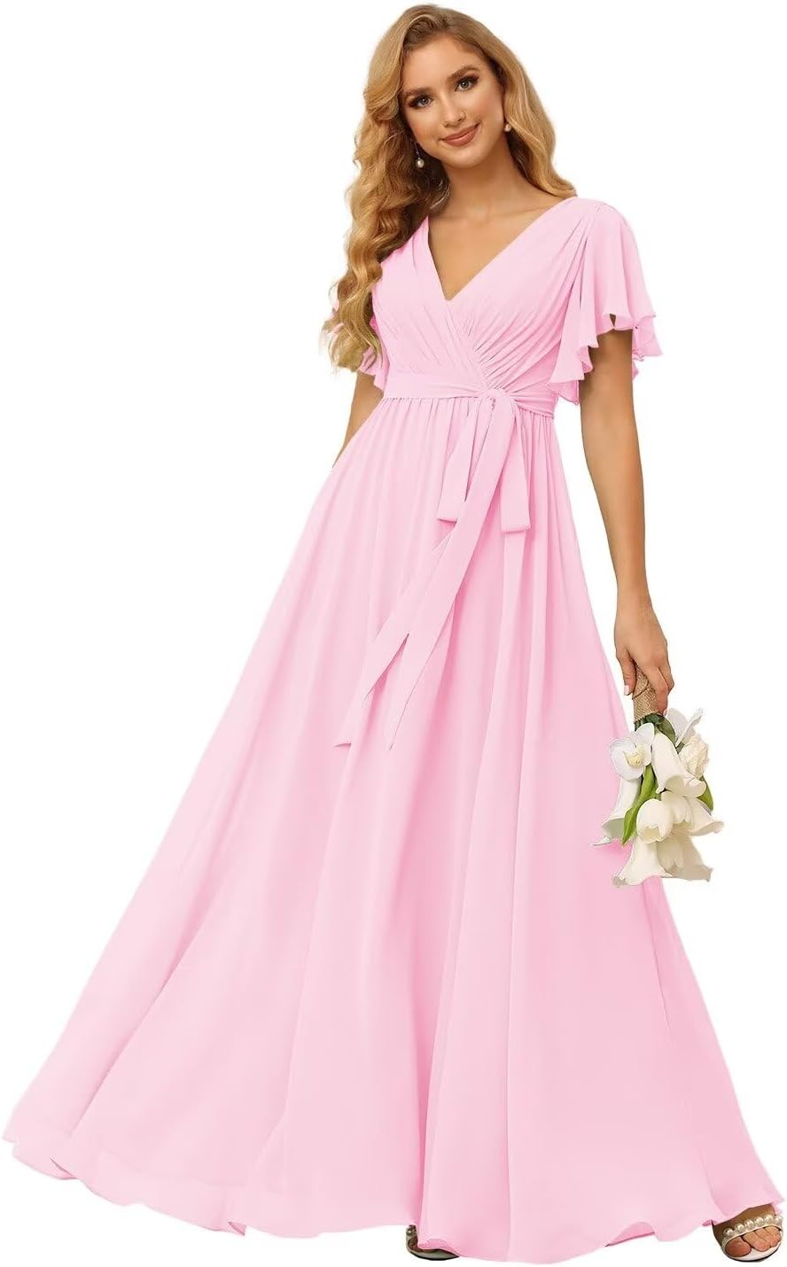Damen Brautjungfernkleider mit Flatterärmeln, lang, mit Taschen, V-Ausschnitt, Chiffon, formelle Kleider 