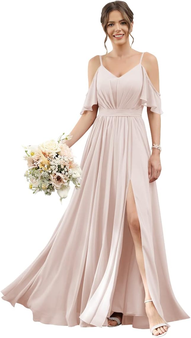 Women's Cold Shoulder Ruffle Sleeves Bridesmaid Dresses for Women 2025 Pleated Chiffon Formal Dresses with Slit