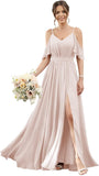 Women's Cold Shoulder Ruffle Sleeves Bridesmaid Dresses for Women 2025 Pleated Chiffon Formal Dresses with Slit