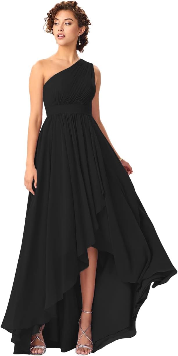 Women's One Shoulder Bridesmaid Dresses High Low Chiffon Formal Party Gowns with Pockets