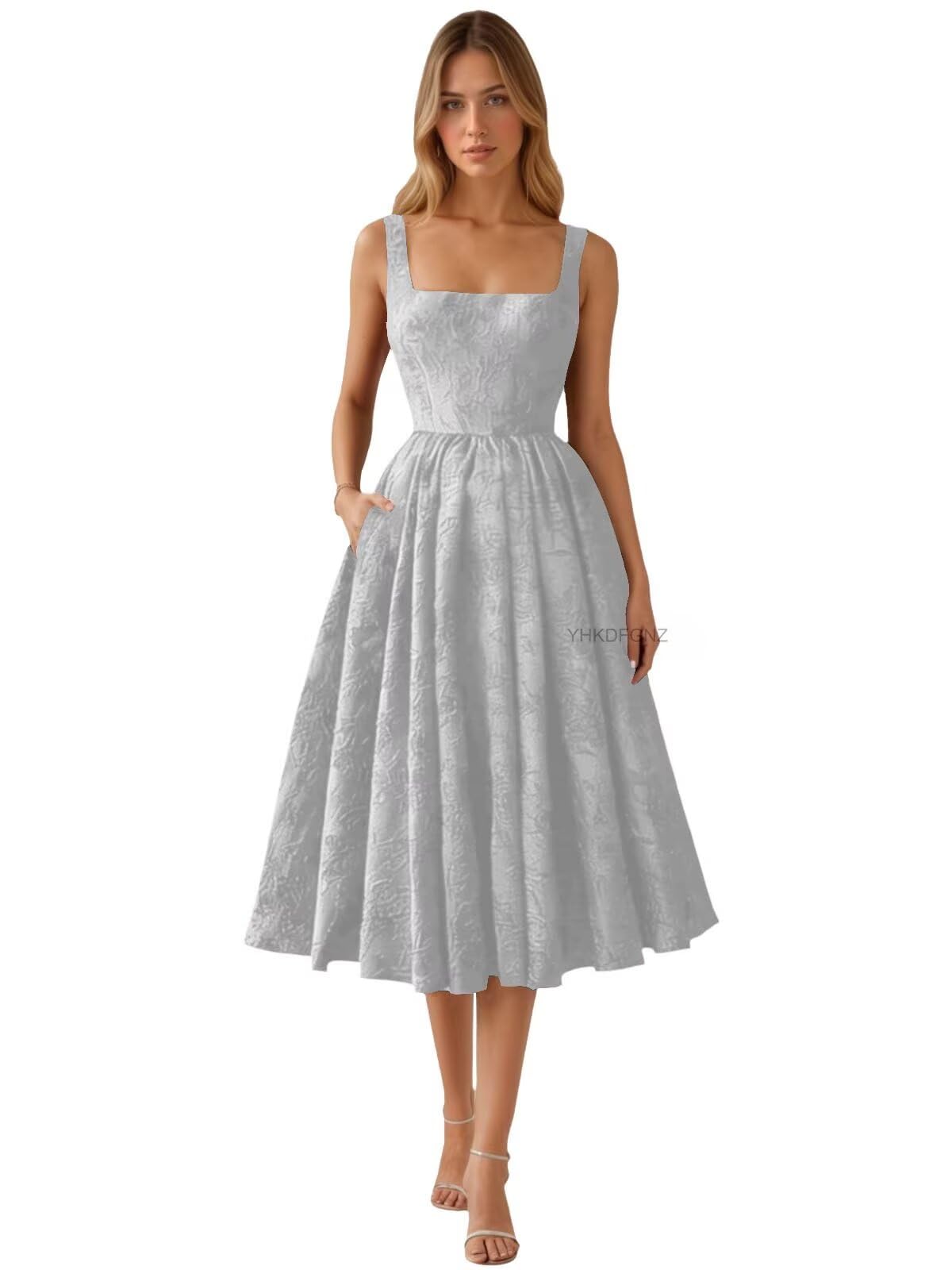 Floral Jacquard Satin Prom Dresses for Women Tea Length Formal Evening Party Dress with Pockets
