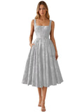 Floral Jacquard Satin Prom Dresses for Women Tea Length Formal Evening Party Dress with Pockets