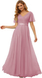 Damen Brautjungfernkleider mit Flatterärmeln, Tüll, lang, V-Ausschnitt, Empire-Taille, formelles Kleid 