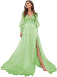 Long Sleeve Tulle Prom Evening Dresses Long Lace Applique A Line Ball Gown 2027