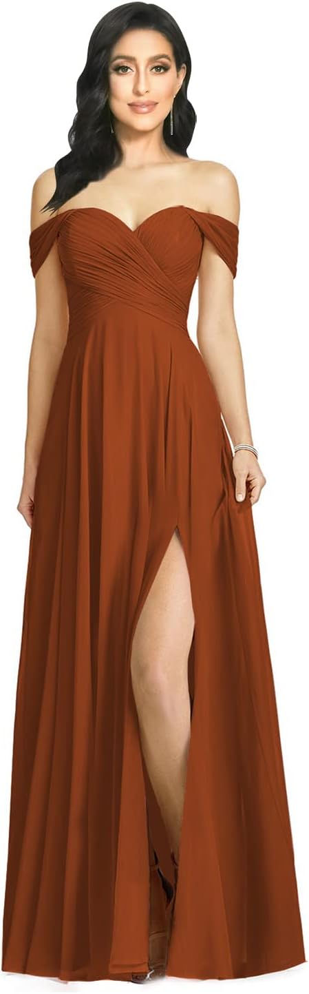 Off Shoulder Bridesmaid Dresses for Women Long Pleat Chiffon Aline Formal Evening Dress with Slit