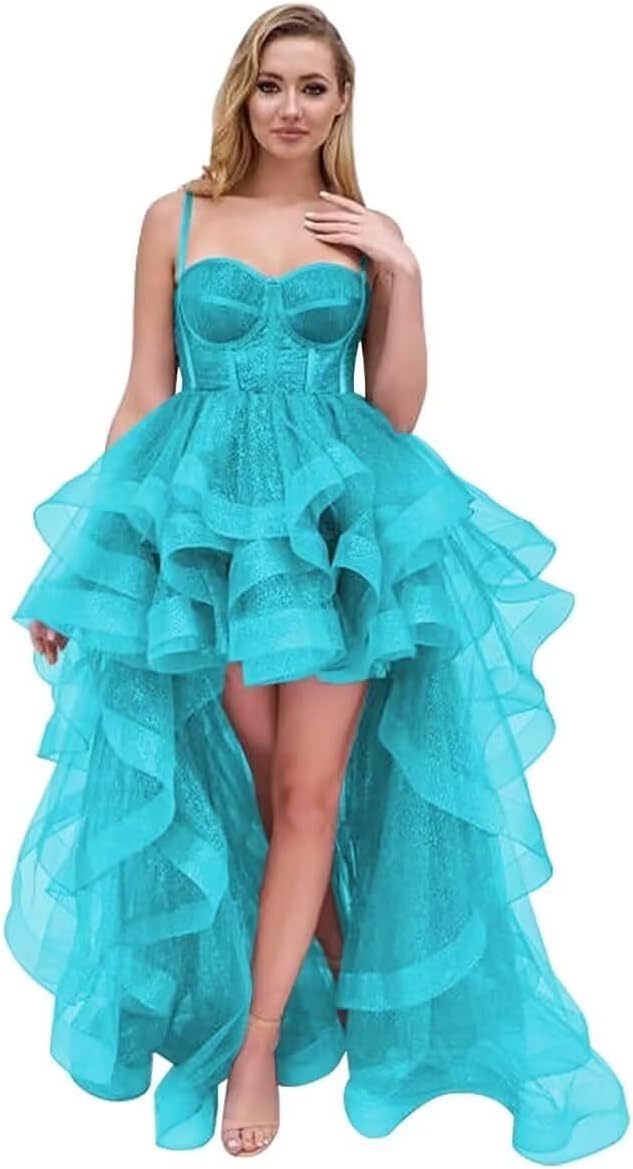 Spaghetti Cocktail Party Dress for Women High-Low Ruffled Summer Dress Long Trailing Prom Ball Gown