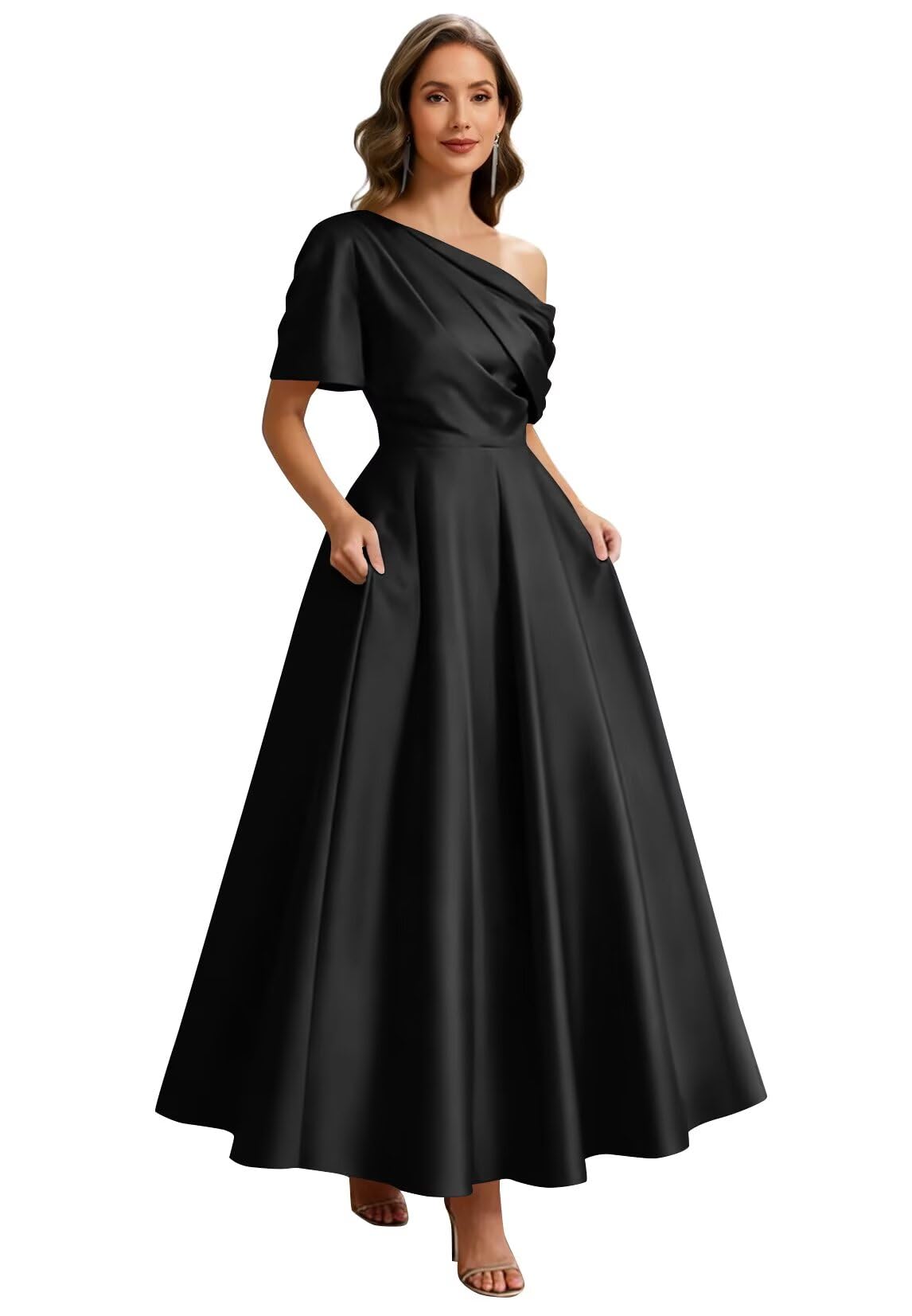 Kingbridal Satin Mother of The Bride Dresses for Women Tea Length Formal Dress One Shoulder Evening Party Gowns with Pockets
