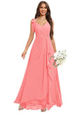 Chiffon Bridesmaid Dresses for Women Ruffles V Neck Flowy Long Formal Evening Dress with Bow