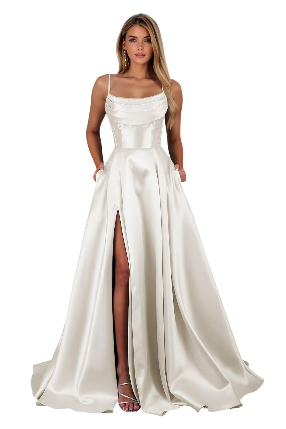 Satin Prom Dresses for Teens Long A-Line Cowl Neck Formal Evening Gown with Slit 2026 Maxi Ball Gowns