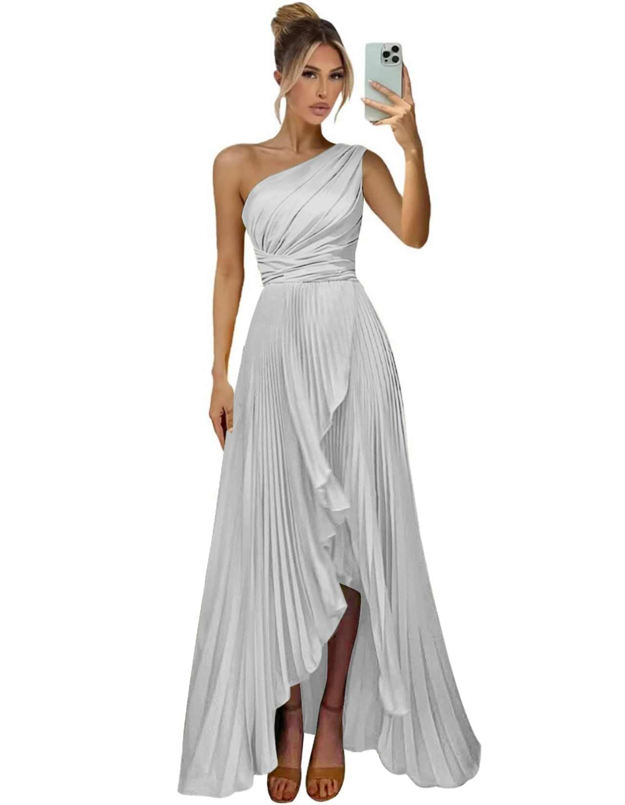 One Shoulder Bridesmaid Dresses for Women Satin Pleated Long A Line Formal Prom Evening Party Dress with Slit