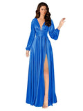 Kingbridal Gowns Long Sleeve Satin Bridesmaid Dresses for Women Long A-Line V-Neck Pleated Formal Evening Party Ball Gown with Slit