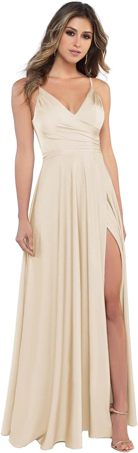 Damen-Brautjungfernkleider aus Satin mit V-Ausschnitt und Schlitz, Spaghettiträgern, formelle Ballkleider mit Taschen 