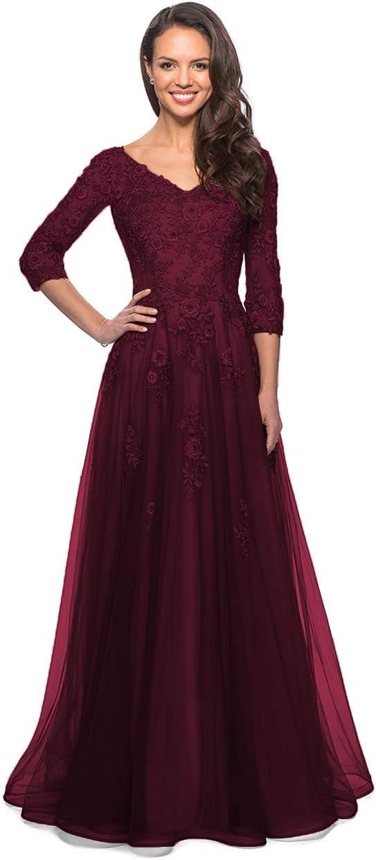 Women's Floral Lace Appliques 3/4 Sleeve Mother of The Bride Dresses Long V Neck Formal Dresses with Pockets