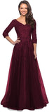 Women's Floral Lace Appliques 3/4 Sleeve Mother of The Bride Dresses Long V Neck Formal Dresses with Pockets