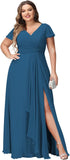 Vestidos de dama de honor de talla grande con mangas con volantes y bolsillos, vestido formal largo con escote en V y abertura. 