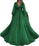 Langes Ballkleid mit Puffärmeln, Tüll, Ballkleid für Damen, Brautkleider, V-Ausschnitt, formelle Abendkleider