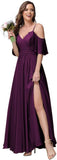 Women's Long Spaghetti Straps Bridesmaid Dress with Slit Off Shoulder Chiffon Formal Party Gowns