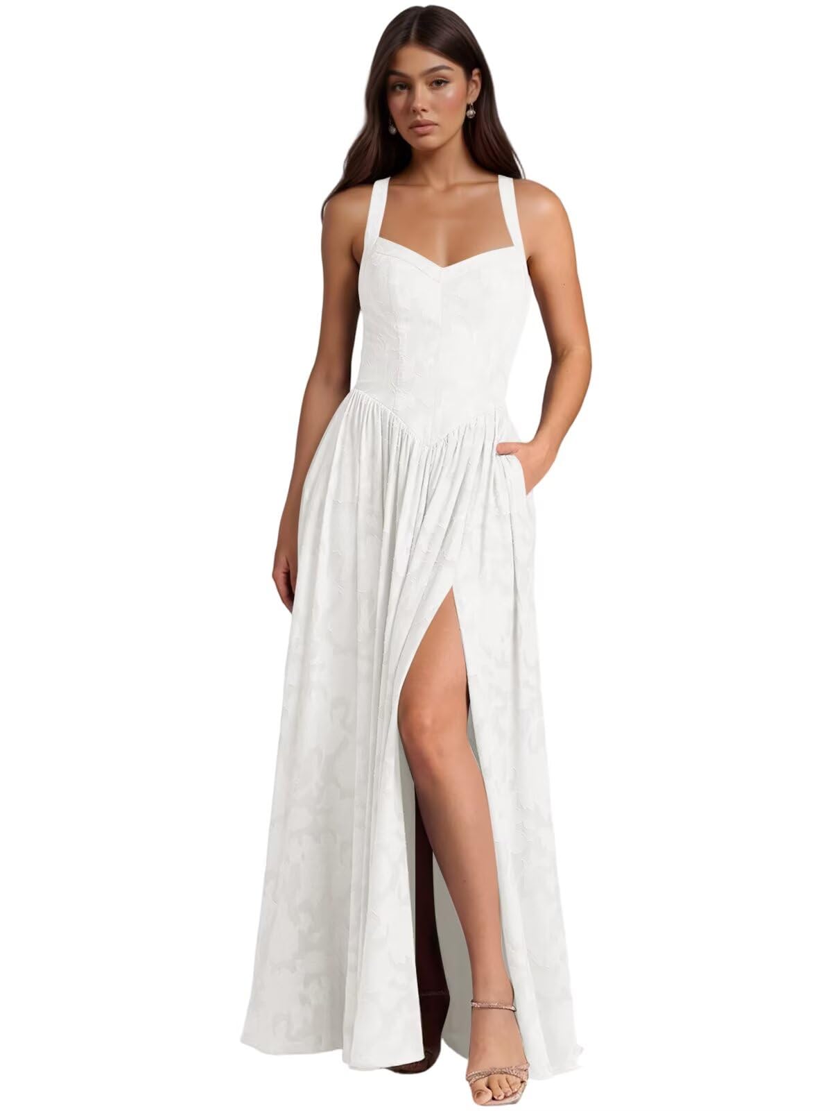 Jacquard Floral Lace Wedding Guest Dress Long Slit A Line Bridesmaid Dresses with Pockets Formal Gown