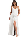 Jacquard Floral Lace Wedding Guest Dress Long Slit A Line Bridesmaid Dresses with Pockets Formal Gown