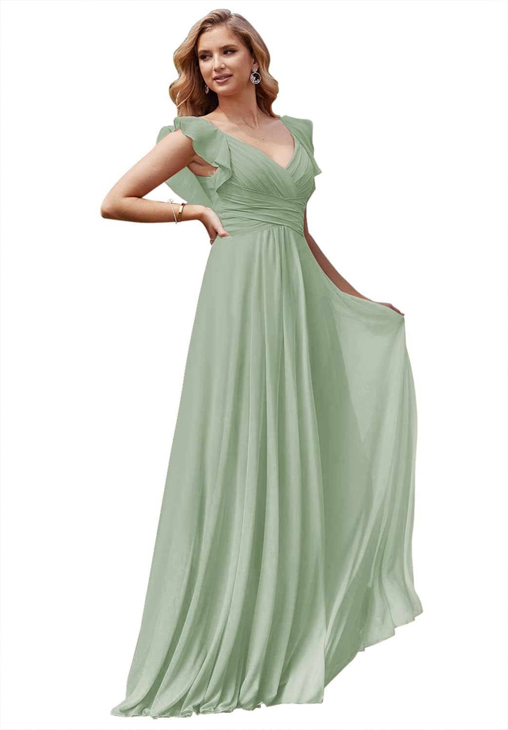 Women's V Neck Ruffle Chiffon Bridesmaid Dresses Long with Pockets Ruched Formal Dresses